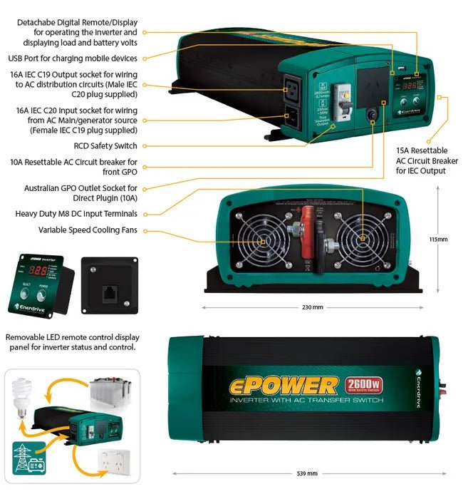 Enerdrive 2600W Inverter 12v w/ AC XFER - NZ Offroader